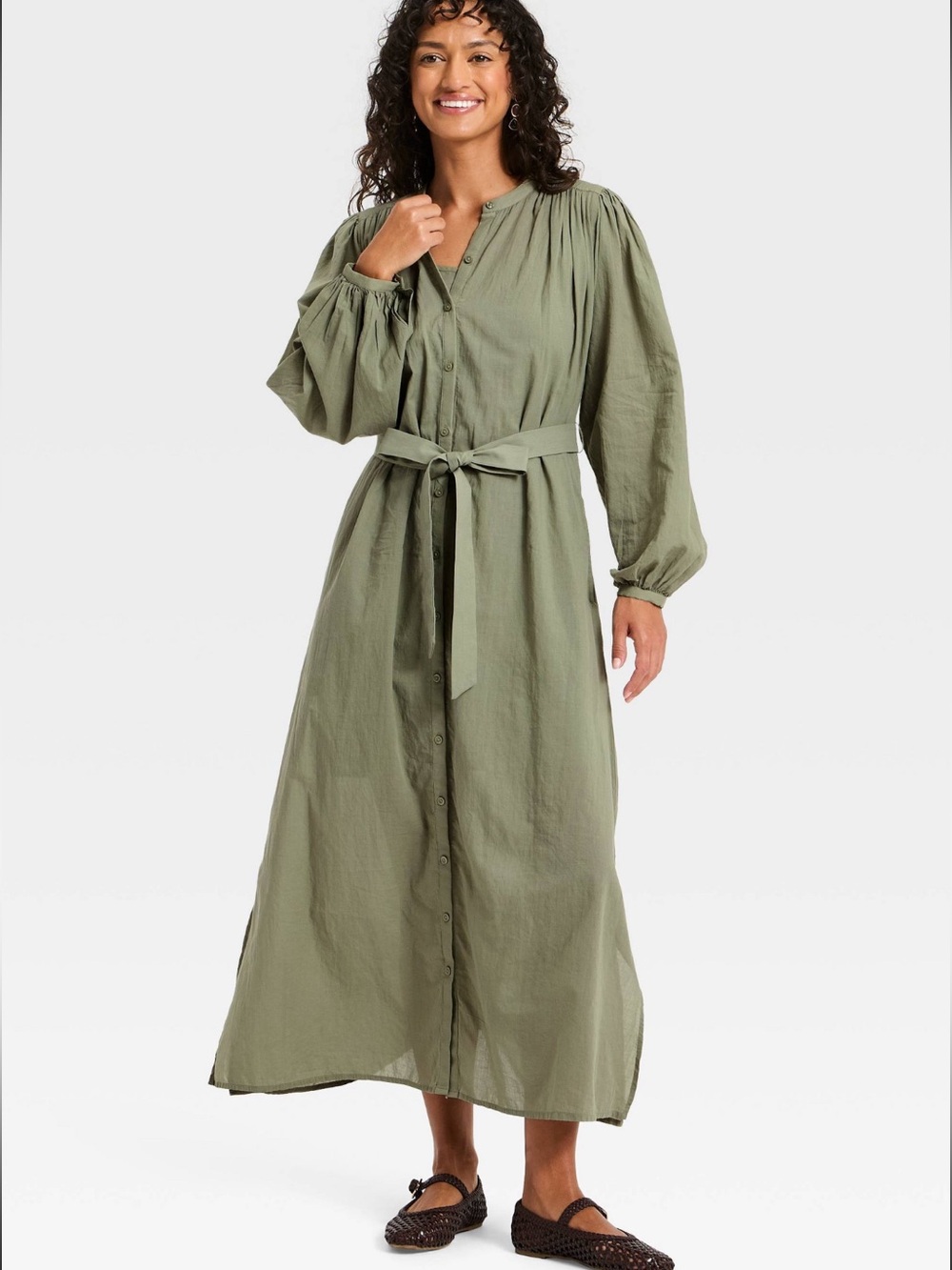 NWT Universal Thread Olive Green Button-Front Maxi Shirt Dress with Tie Waist XS